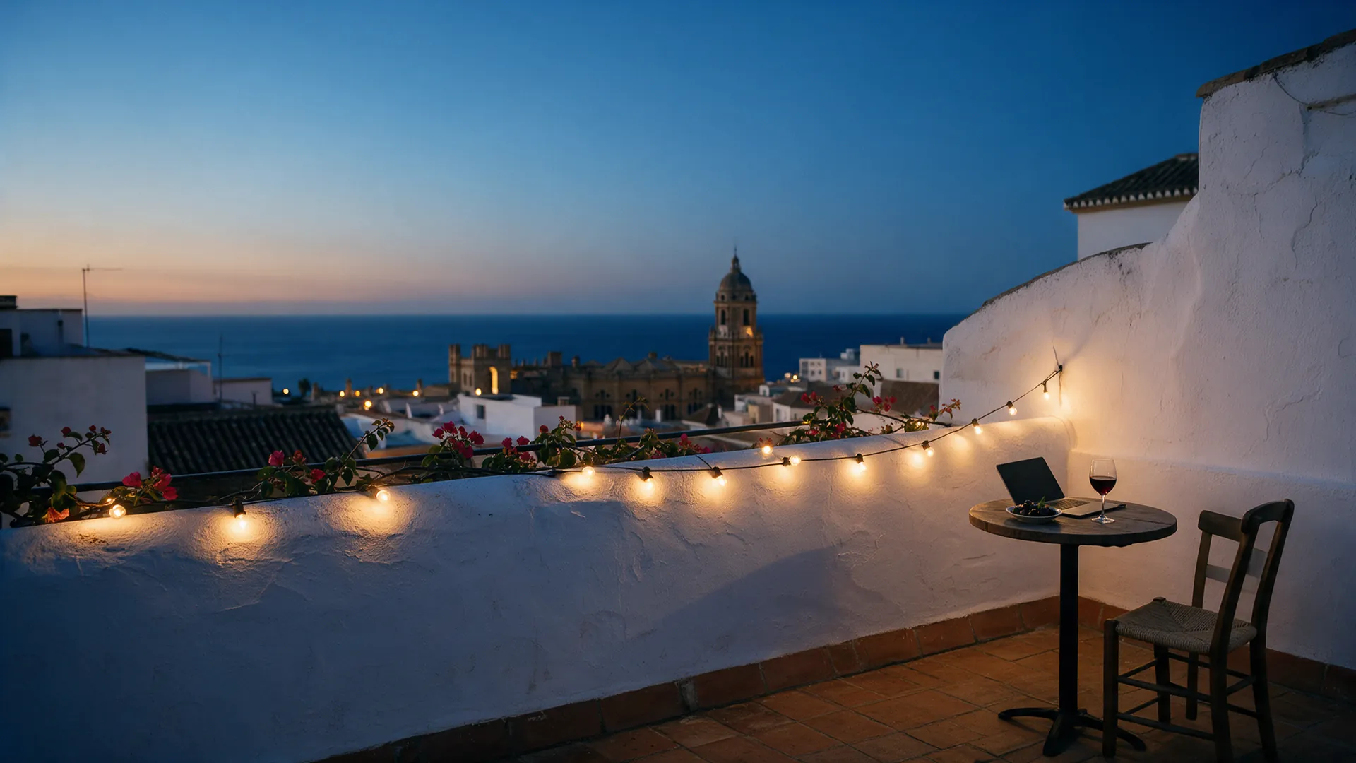 The terrace at blue hour, lights along the wall, a closed laptop and a glass of wine on the table.