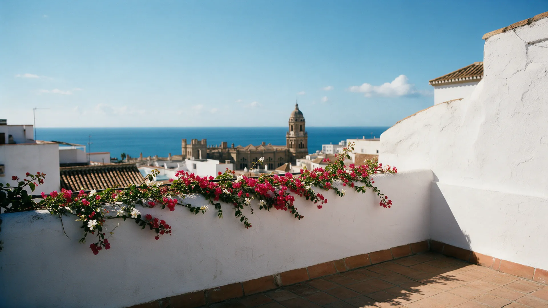 The terrace in spring, bougainvillea in full bloom.